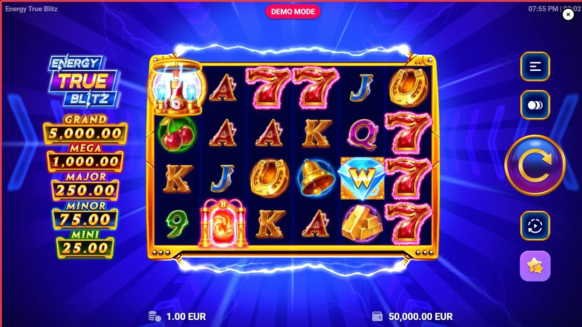Tampilan layar game slot Energy True Blitz dengan tema listrik neon yang cerah.
